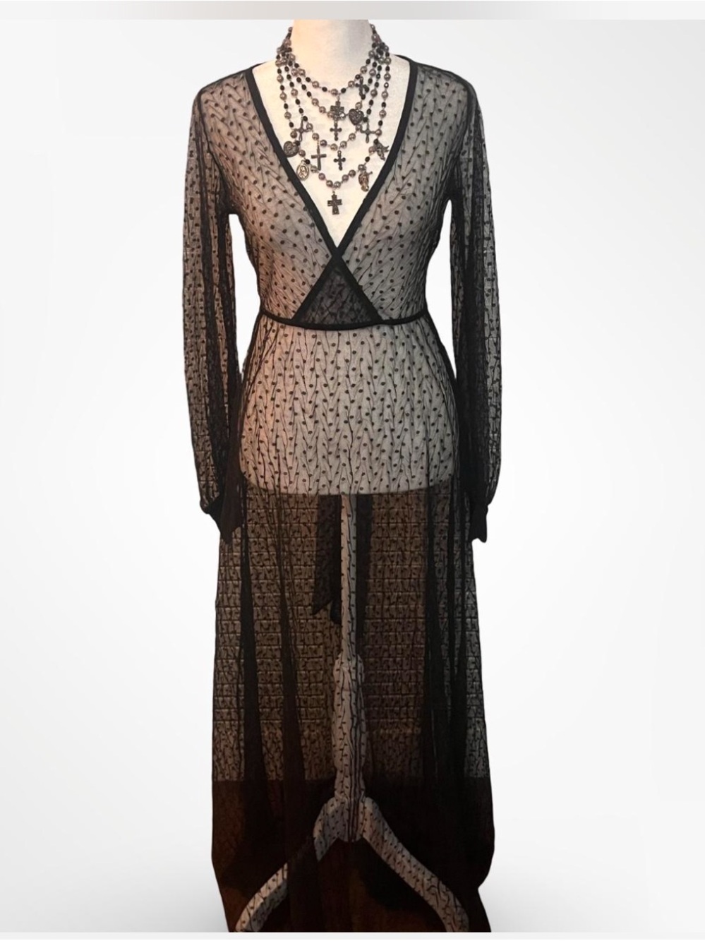 Sheer Black Lace Long Sleeve Wrap Dress - Feminine V-Neck